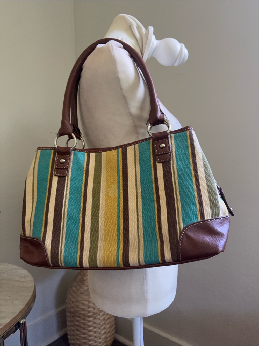 Medina Striped Canvas Shoulder Bag with Brown Trim - Multicolor